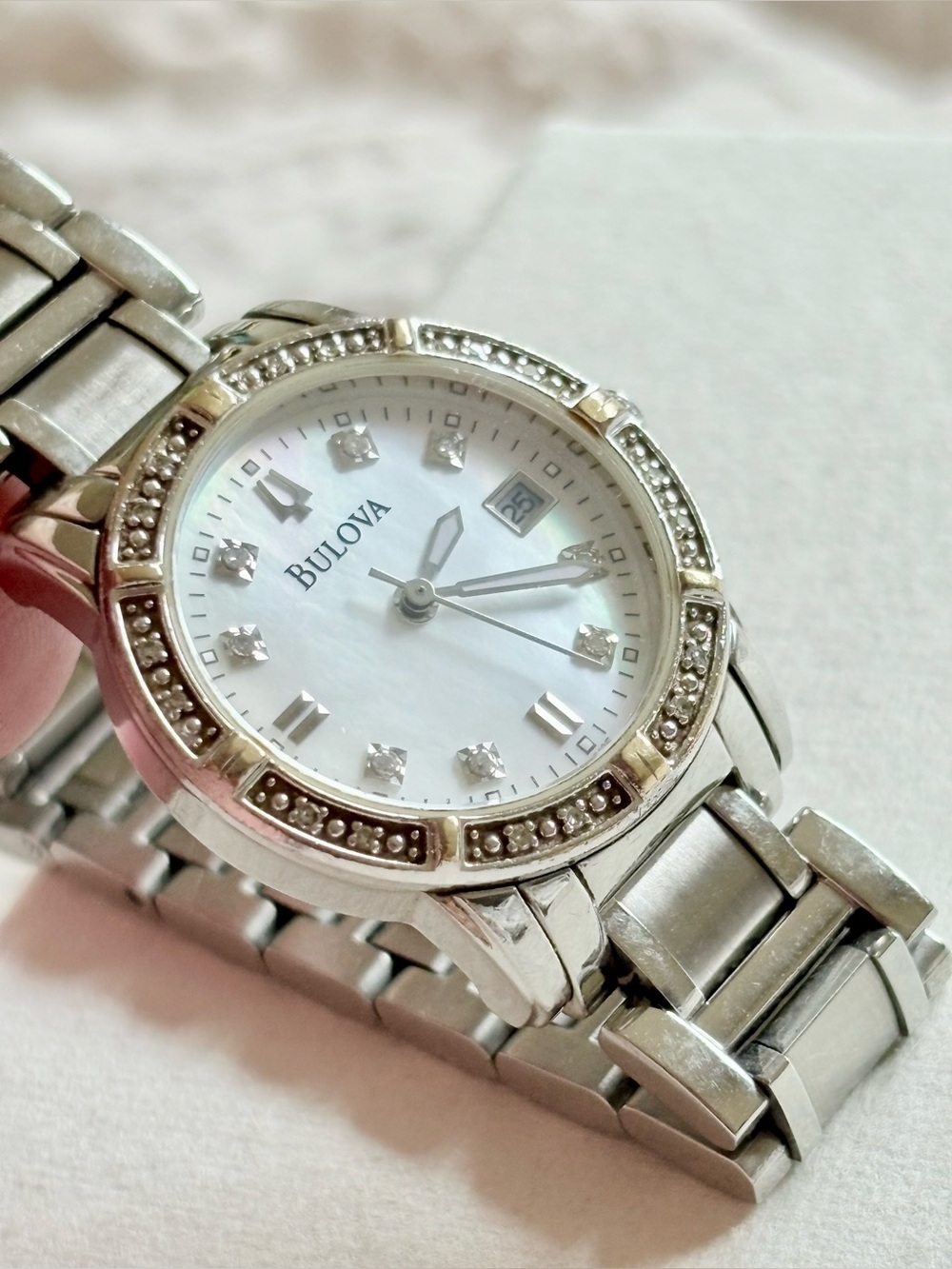 Vintage Bulova Women’s Diamond Two-Tone Silver and Gold 96R105 Bracelet Watches - Picture 3 of 15